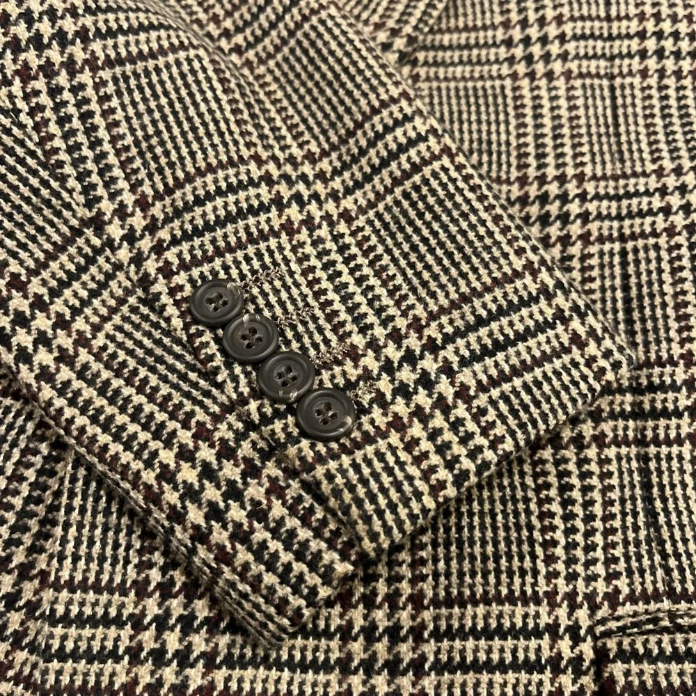 Alan‎ Flusser Glen Check Tweed Blazer Mens 44L Brown Tan Wool  Sport Coat 90s